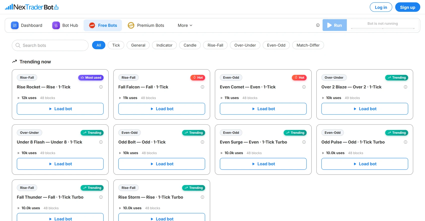 The NexTrader Bot Hub free bot library, with category filters for Rise-Fall, Over-Under, Even-Odd and Match-Differ